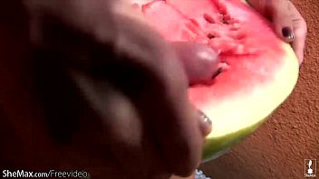 Lovely Shemale Pounds A Watermelon So Hard That She Cumshots